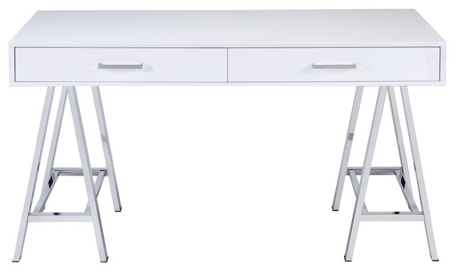 Desk Glossy Polyester Particle White And Chrome Contemporary Desk Glossy Polyester Particle White