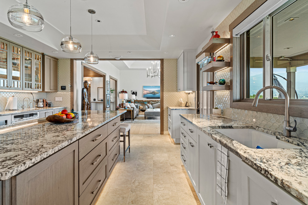 Example of a large eclectic u-shaped porcelain tile, beige floor and coffered ceiling kitchen design with a double-bowl sink, shaker cabinets, medium tone wood cabinets, quartzite countertops, white backsplash, glass tile backsplash, white appliances and an island