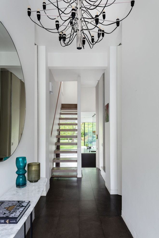 Ispirazione per un grande ingresso o corridoio contemporaneo con pareti bianche, pavimento in cemento, pavimento grigio e soffitto ribassato