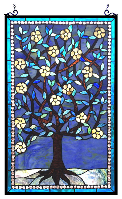 Woodley Tiffany Glass Tree Of Life Window Panel 20x32 Victorian Stained Glass Panels By Chloe Lighting Inc