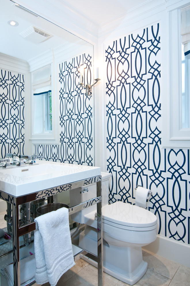 This is an example of a transitional bathroom in Toronto with a console sink.