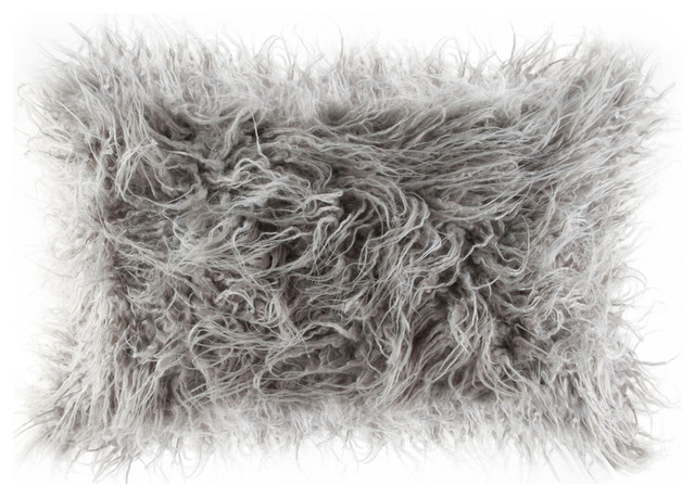 Frisco Mongolian Sheepskin Faux Fur Pillow, Sage Gray, 12"x20"