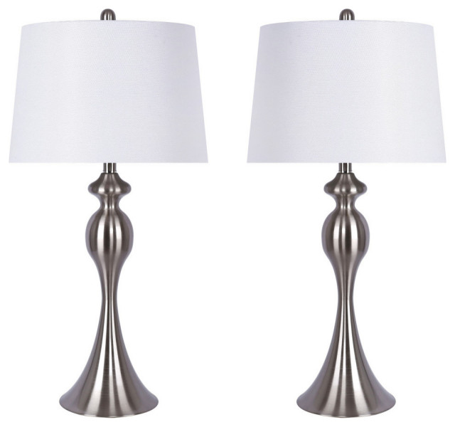 29.75" Brushed Nickel Table Lamps With White Linen Shades, Set of 2