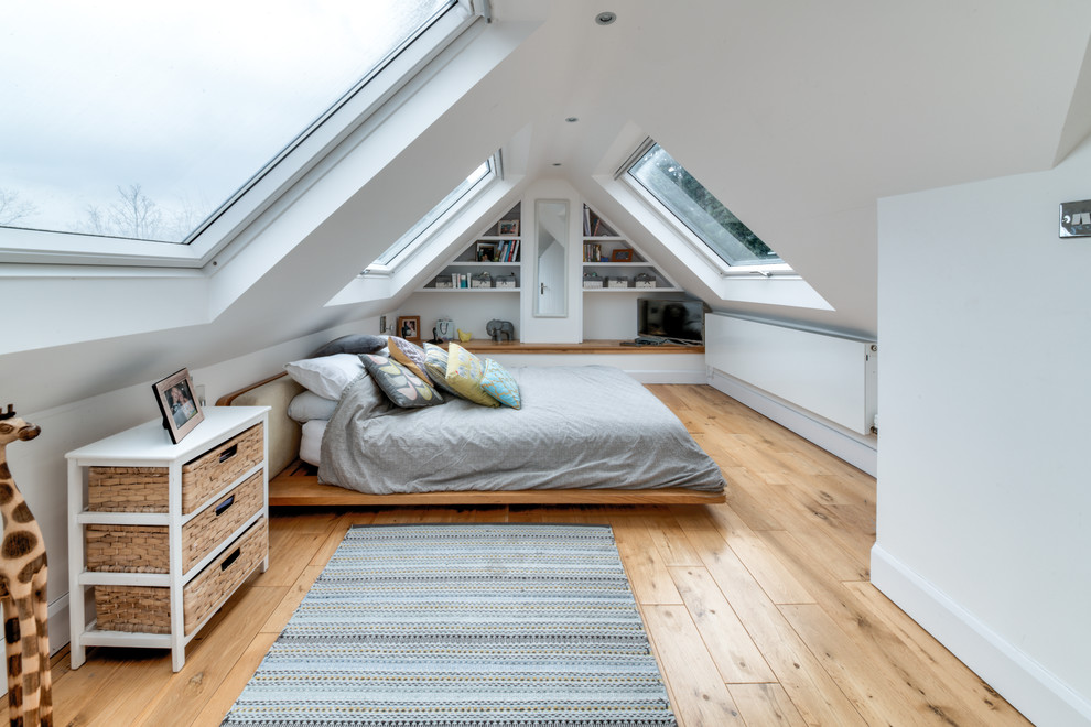 Design ideas for a mid-sized contemporary kids' bedroom in London with white walls, light hardwood floors and beige floor.