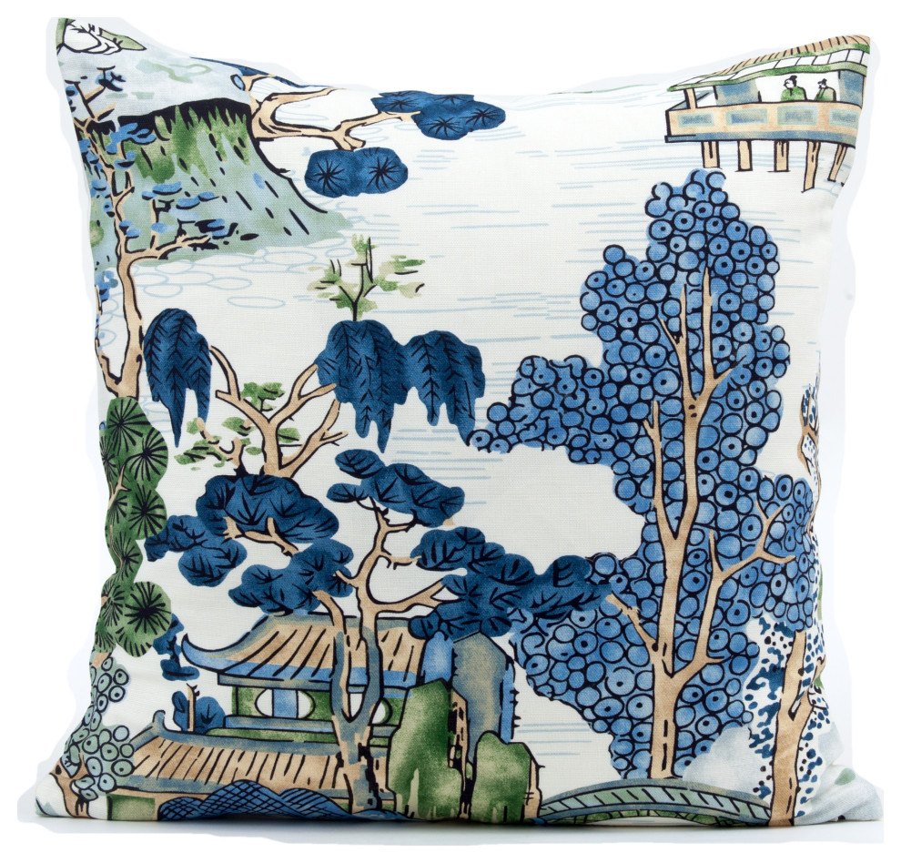 Asian Scenic Pillow Cover, Thibaut Chinoiserie Fabric, 20"x20"