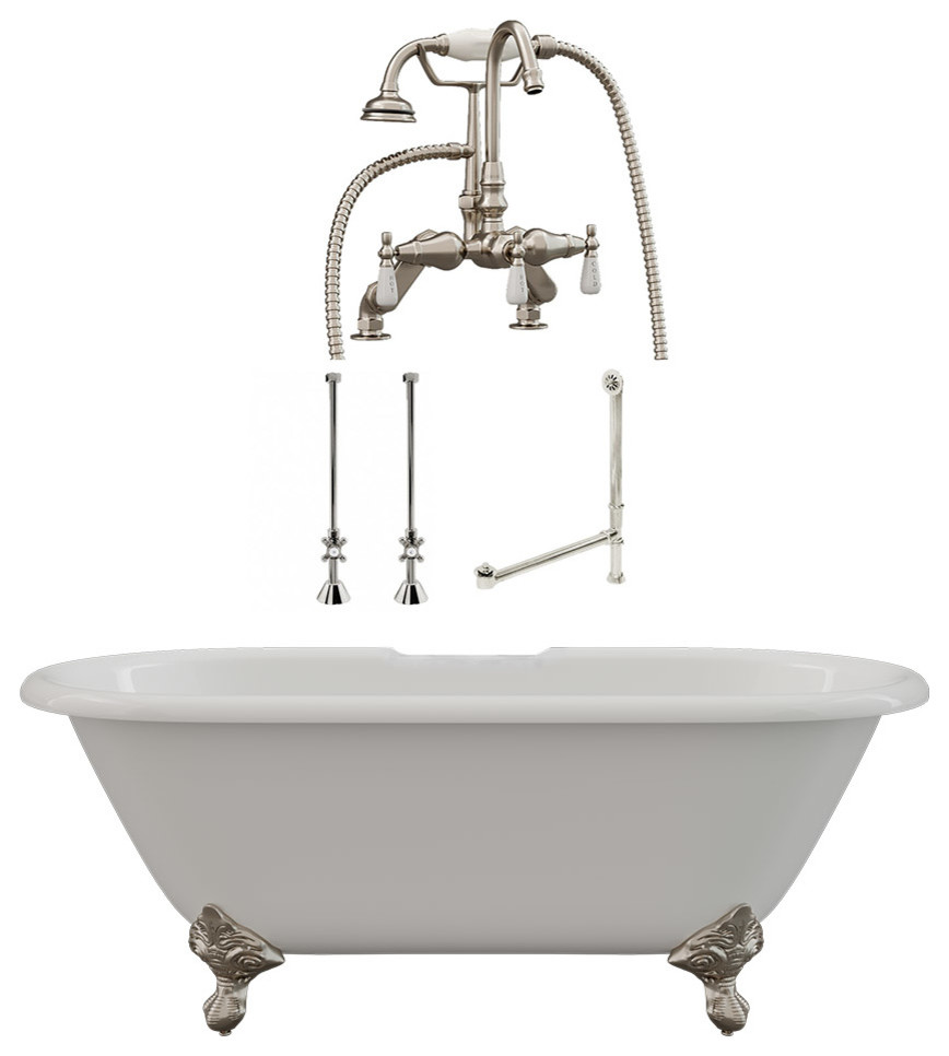 67" Cast Iron Clawfoot Tub with Complete Gooseneck Plumbing Package- "Vernon", Brushed Nickel