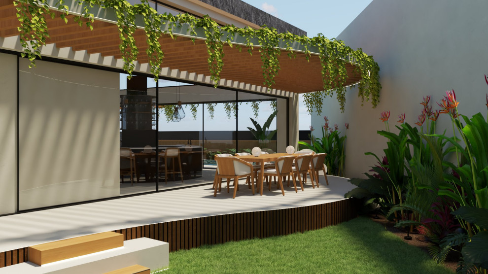 Cette image montre une grande terrasse latérale et au rez-de-chaussée asiatique avec des solutions pour vis-à-vis et une extension de toiture.
