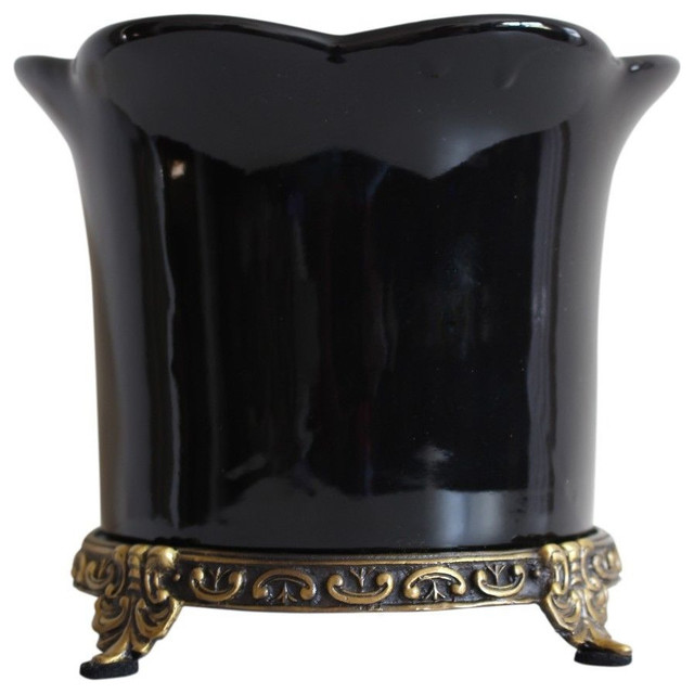 Black Porcelain Orchid Pot Brass Ormolu Accents 5" Traditional