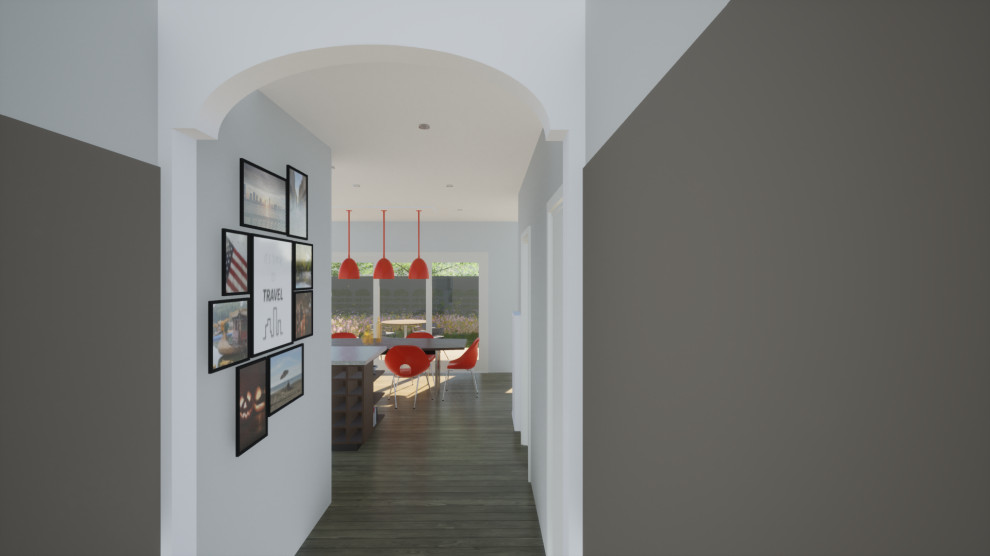 Design ideas for a mid-sized modern hallway with grey walls, medium hardwood floors and brown floor.