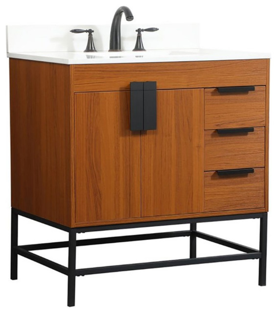 32" Single Bathroom Vanity, Teak With Backsplash Transitional
