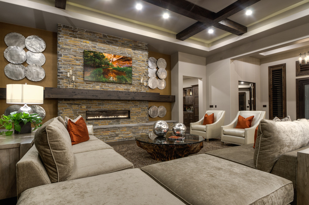 Design ideas for a large contemporary formal open concept living room in Salt Lake City with grey walls, a ribbon fireplace, a stone fireplace surround and no tv.