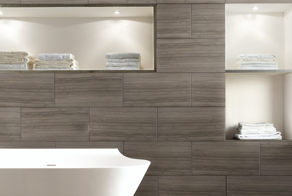 Inspiration for a mid-sized transitional master gray tile and porcelain tile freestanding bathtub remodel with open cabinets and gray cabinets