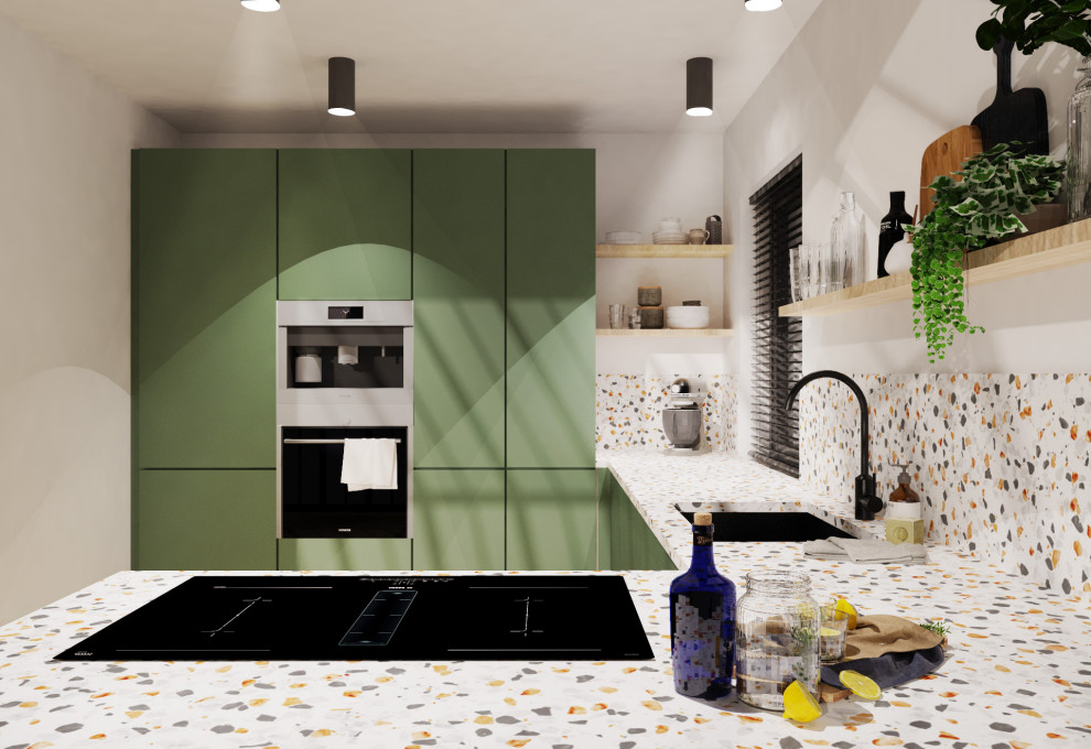 Photo of a large contemporary u-shaped open plan kitchen in Paris with an undermount sink, beaded inset cabinets, green cabinets, terrazzo benchtops, multi-coloured splashback, stainless steel appliances, light hardwood floors, no island and multi-coloured benchtop.