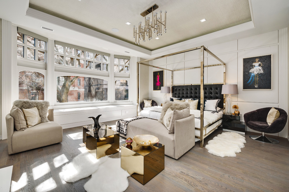 Inspiration for a contemporary bedroom in Chicago with black walls.