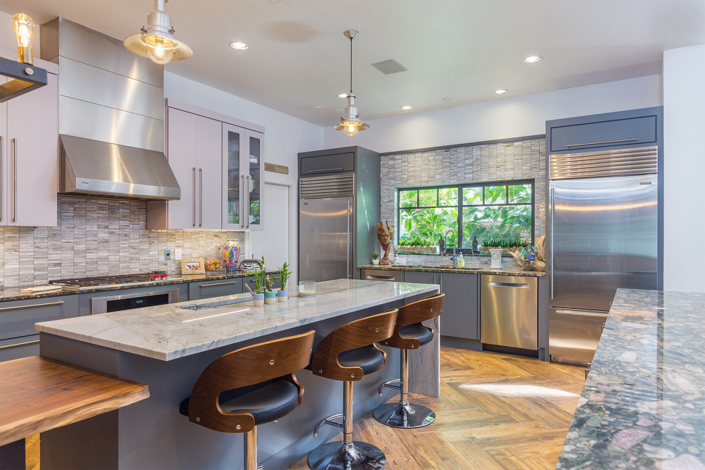 This is an example of a large beach style kitchen in New York.