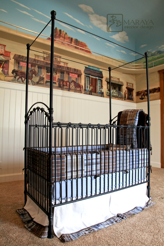 Example of a mid-sized farmhouse boy carpeted kids' bedroom design in Santa Barbara with blue walls