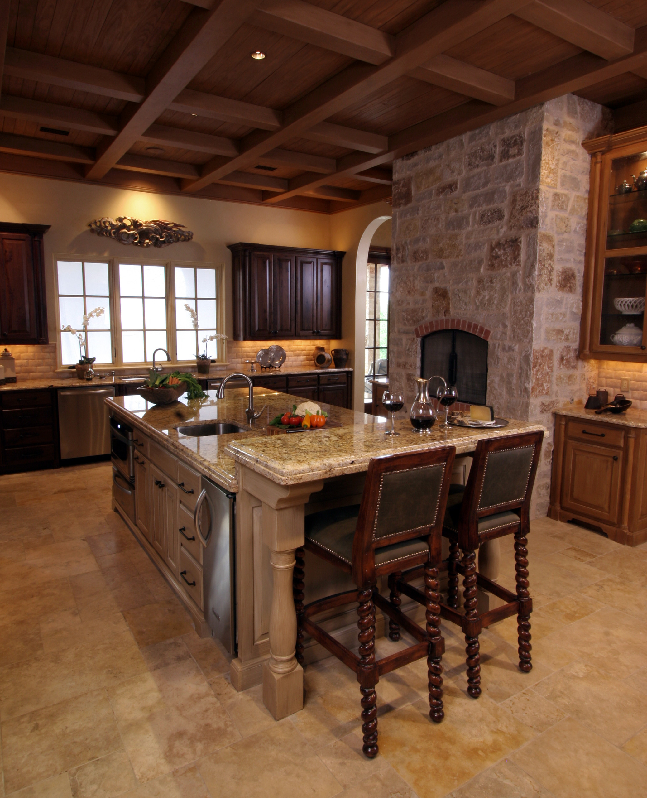 Natural Tuscan Inspired Kitchen with Barstools