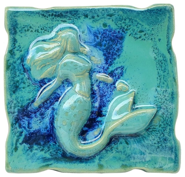 Green Mermaid Bathroom Shower Tile Beach Style Accent Trim And