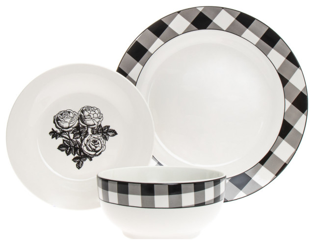 Damier 12 Piece Porcelain Dinnerware Set Farmhouse Sets By Inger Silver Houzz Damier 12 Piece Porcelain Dinnerware, Farmhouse Dinnerware Sets