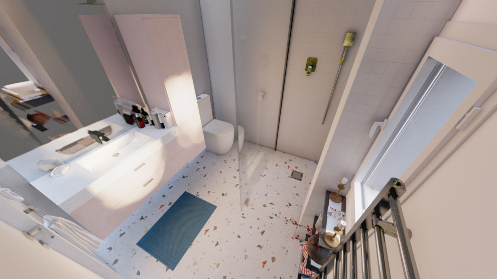 На фото: маленькая ванная комната в стиле модернизм с плоскими фасадами, синими фасадами, душем без бортиков, унитазом-моноблоком, зеленой плиткой, керамической плиткой, белыми стенами, полом из керамической плитки, душевой кабиной, консольной раковиной, столешницей из плитки, серым полом, открытым душем, белой столешницей, окном, тумбой под одну раковину и подвесной тумбой для на участке и в саду
