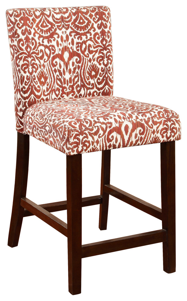 Benzara Wooden Counter Stool with Patterned Fabric Upholstery, Red and