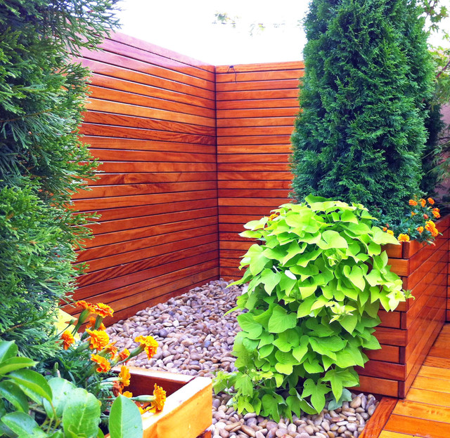 NYC Roof Deck: Roof Garden, Terrace, Fence, Planter Boxes, Container Plants, Zen contemporary-terrace