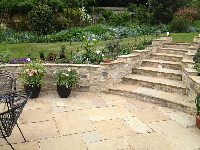 Purbeck Stone Walls And Sandstone Paving Traditional Patio