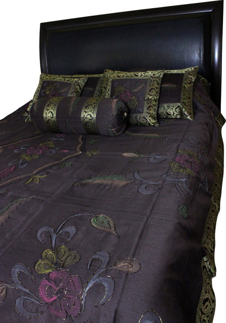 Hand Painted Floral 7-Piece Duvet Cover Set, Coffee Brown, King