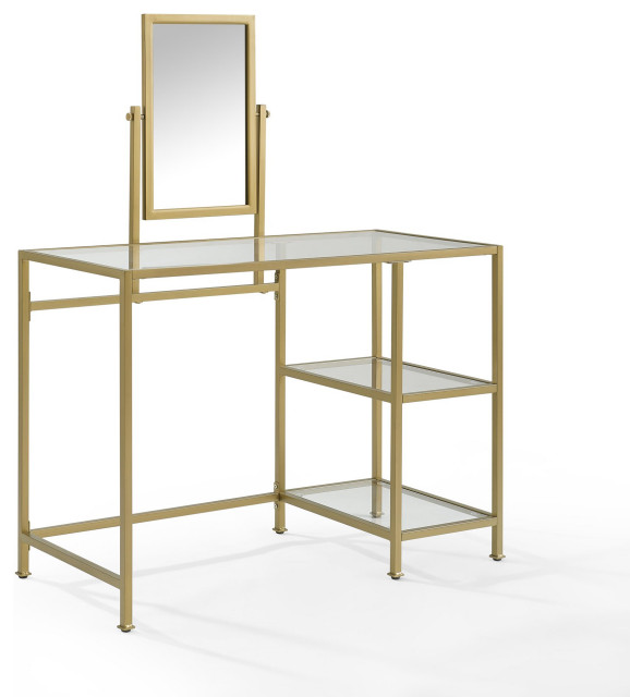 Contemporary Vanity Table, Glass Top & Adjustable Tilted Mirror, Gold Contemporary Bedroom