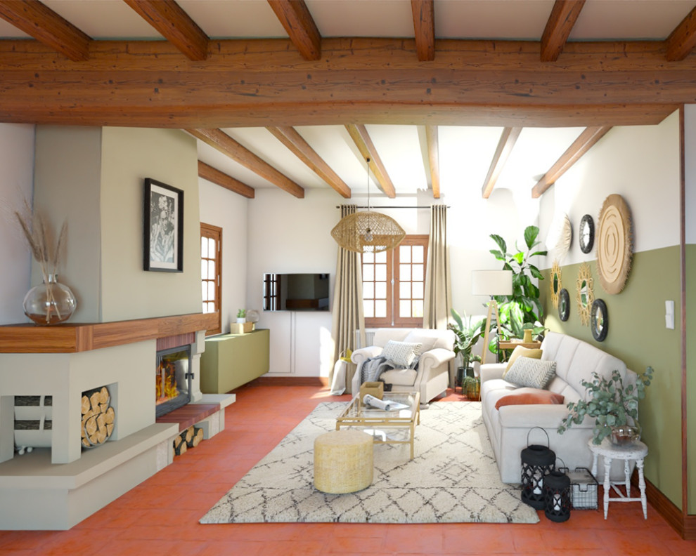 Пример оригинального дизайна: гостиная комната среднего размера с зелеными стенами, полом из терракотовой плитки, стандартным камином, фасадом камина из штукатурки и балками на потолке