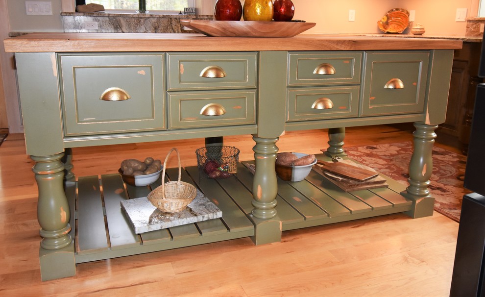 Huge mountain style kitchen photo with distressed cabinets