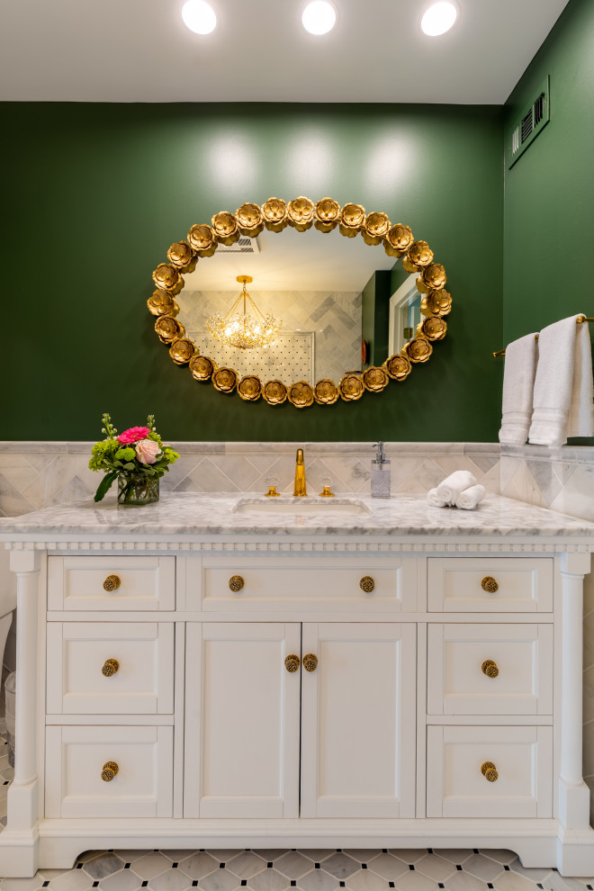 Large traditional master bathroom in Kansas City with shaker cabinets, white cabinets, a claw-foot tub, an alcove shower, a two-piece toilet, mosaic tile, green walls, marble floors, an undermount sink, a hinged shower door, a niche, a single vanity, a freestanding vanity and decorative wall panelling.