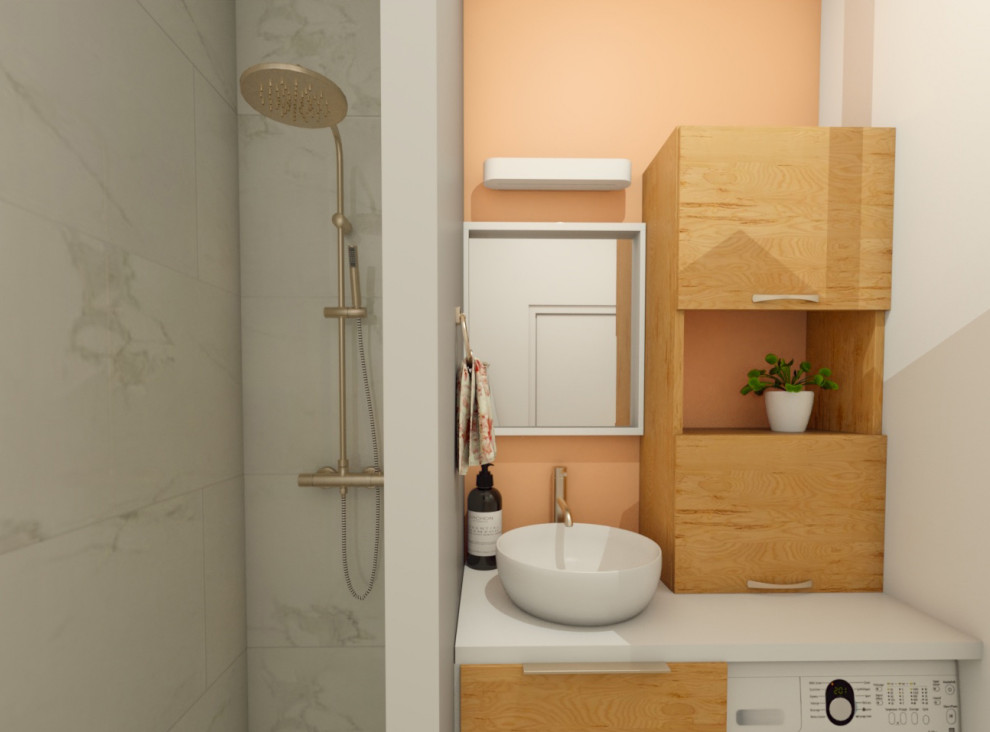 Diseño de cuarto de baño único contemporáneo pequeño con ducha a ras de suelo, baldosas y/o azulejos blancos, baldosas y/o azulejos de mármol, paredes rosas, suelo de mármol, aseo y ducha y lavabo sobreencimera