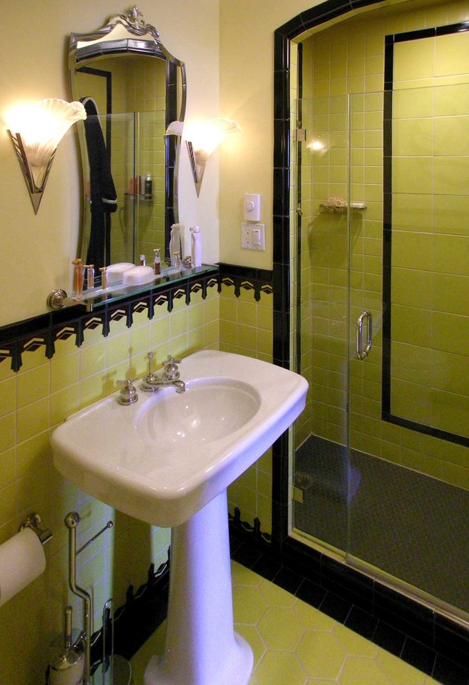 Photo of a mid-sized traditional 3/4 bathroom in San Francisco with a pedestal sink, an alcove shower, a two-piece toilet, yellow tile, ceramic tile, white walls and ceramic floors.
