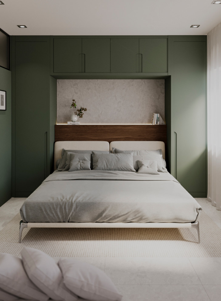 Foto di una piccola camera matrimoniale minimalista con pareti verdi, pavimento in gres porcellanato e pavimento bianco