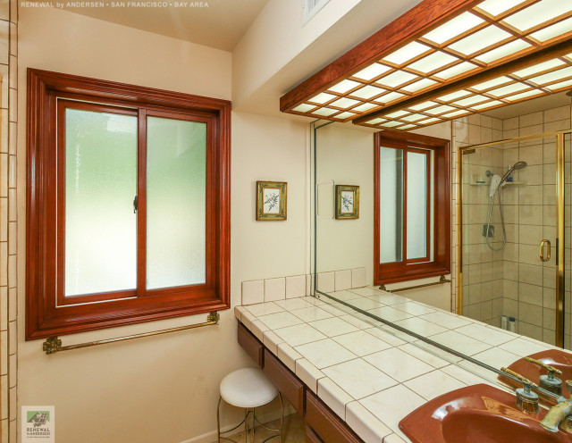 New Wood Window with Obscured Glass in Handsome Bathroom - Renewal by ...
