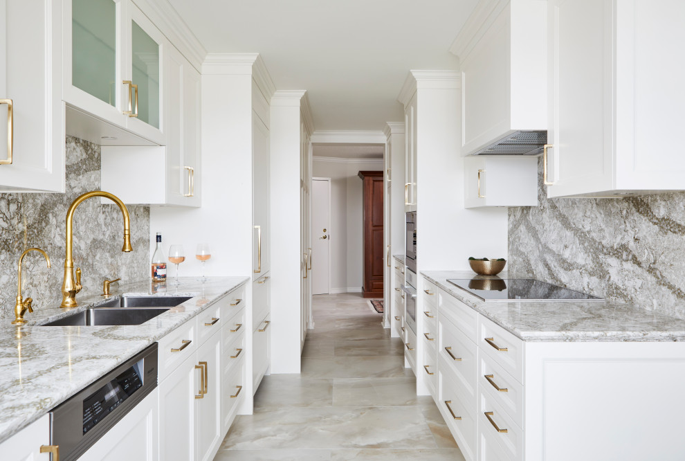 Design ideas for a mid-sized transitional galley separate kitchen in Toronto with an undermount sink, beaded inset cabinets, white cabinets, quartz benchtops, green splashback, engineered quartz splashback, panelled appliances, ceramic floors, a peninsula, beige floor and green benchtop.