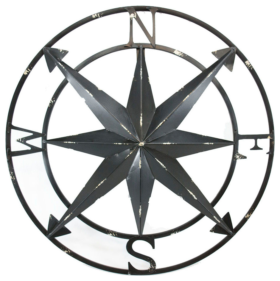 20 Inch Distressed Metal Compass Rose Nautical Wall Decor Indoor