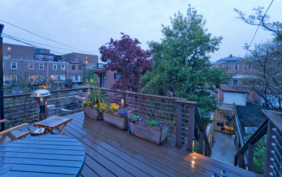 Immagine di una terrazza minimalista di medie dimensioni, dietro casa e al primo piano con un giardino in vaso, nessuna copertura e parapetto in cavi