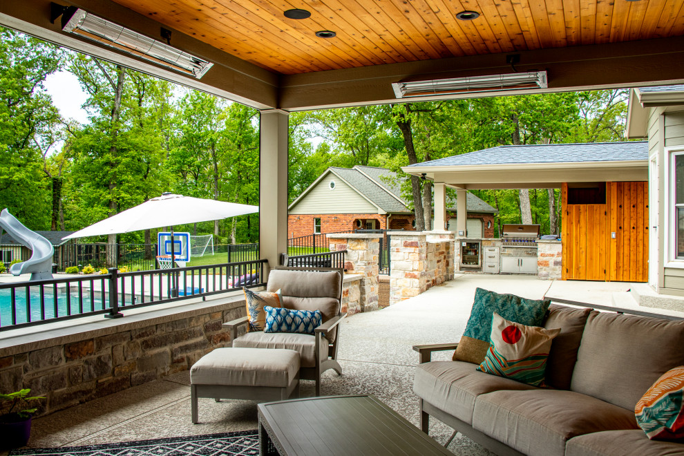 Covered Patio with an Outdoor Kitchen area and Fireplace Area Patio
