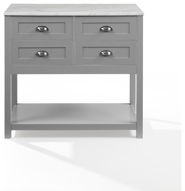 Unique Kitchen Cart, Bottom Shelf & Multiple Drawers With Faux Marble Top Contemporary