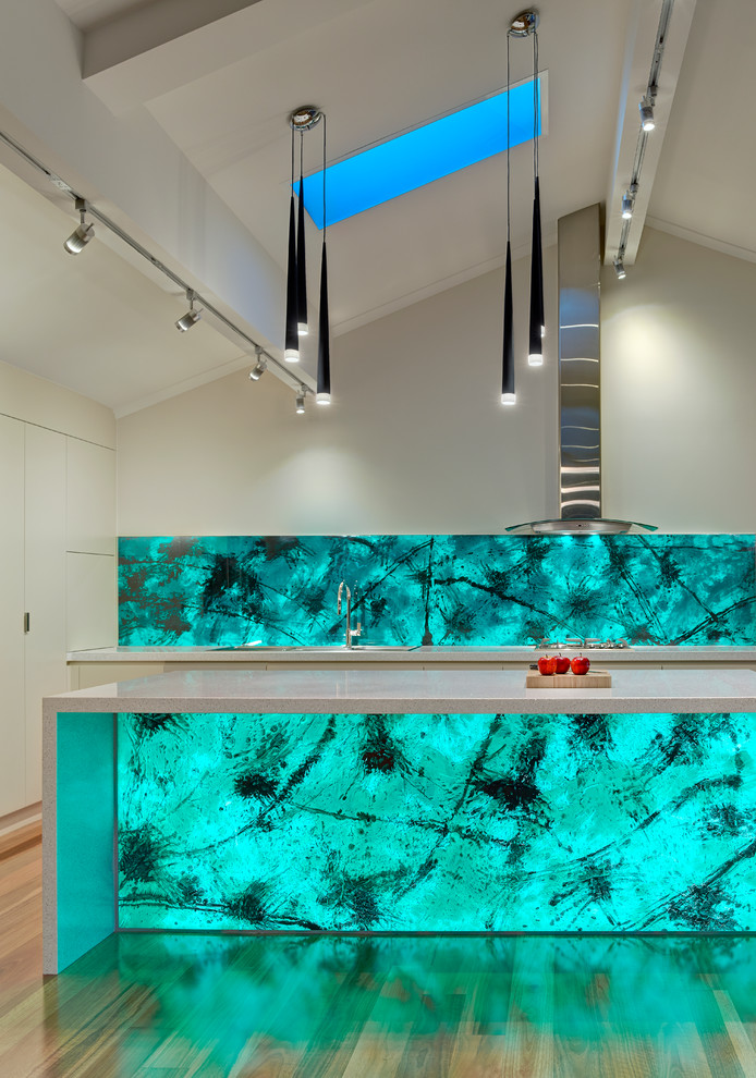 Inspiration for a contemporary kitchen in Adelaide with blue splashback and with island.