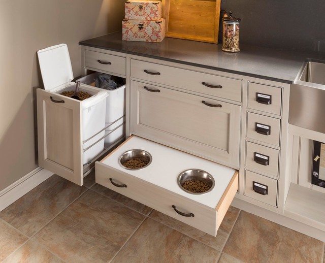 Cabinet Interior Features For Pet Food Storage And Bowls