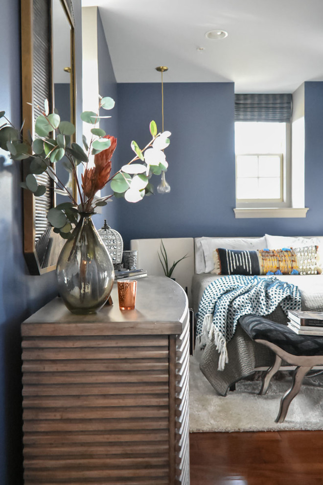 Inspiration for a mid-sized eclectic guest bedroom in Philadelphia with blue walls, medium hardwood floors and brown floor.