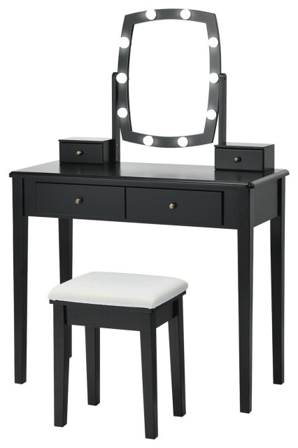 Fidel Vanity Set with Cushioned Stool and Lighted Mirror- Black