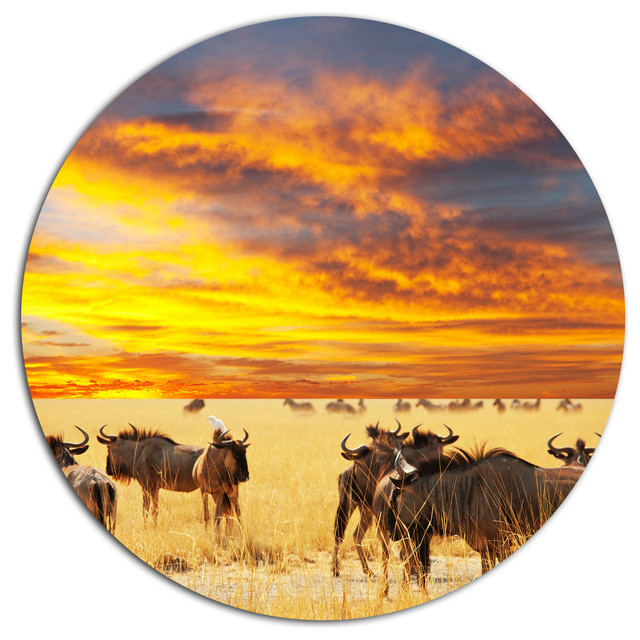 Antelope Crowd At Sunset, African Round Metal Wall Art, 11"