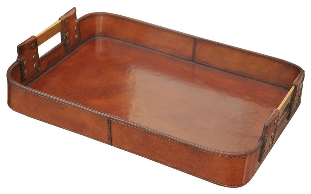 Small Leather Tray with Brass Handles - Contemporary - Serving Trays ...