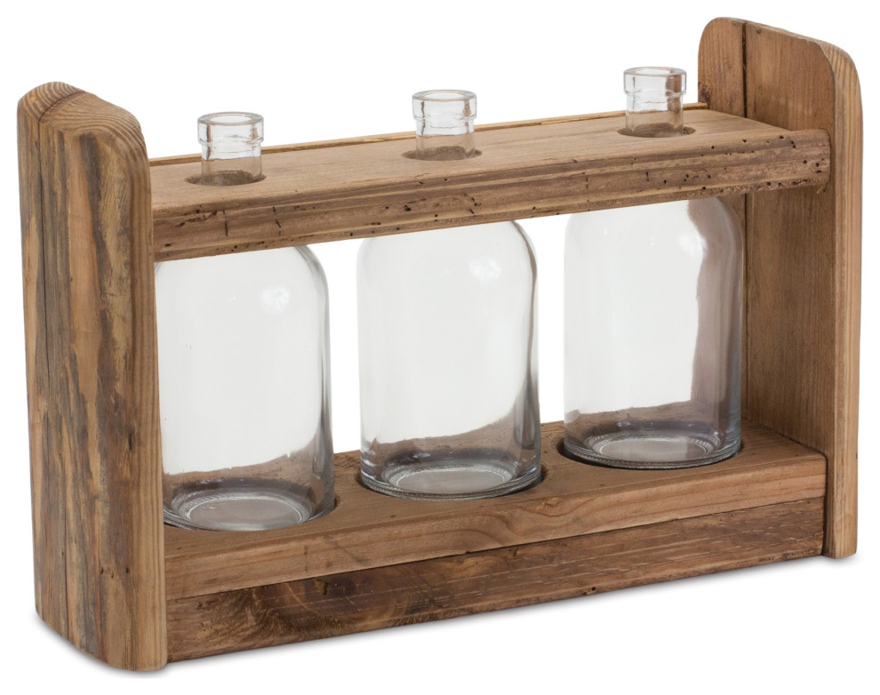 Bottle Vases, Wood Stand 15"L Rustic Vases by Melrose