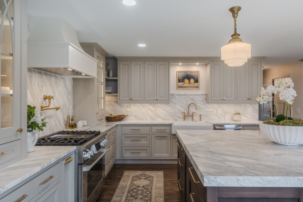 Elegant kitchen photo in Denver with a farmhouse sink, white backsplash and white countertops