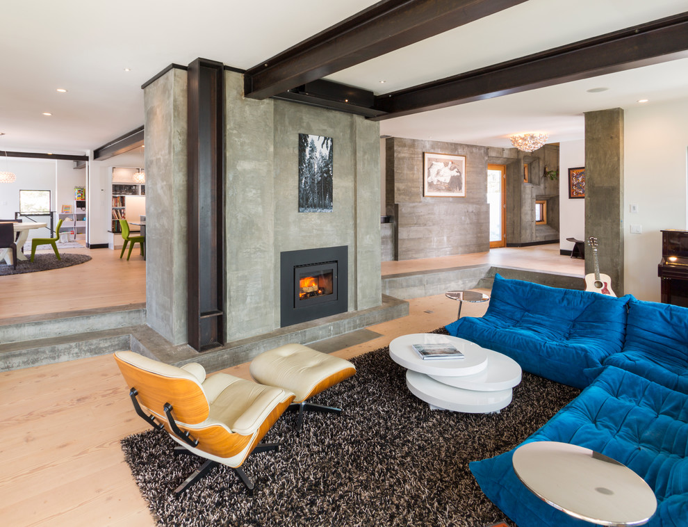 This is an example of a contemporary open concept living room in Denver with light hardwood floors and a ribbon fireplace.